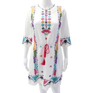 Figue Womens Cotton Geometric Print Embroidered Shift Dress White Size S